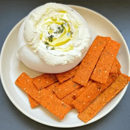 Homemade labneh with crispy red lentil crackers recipe